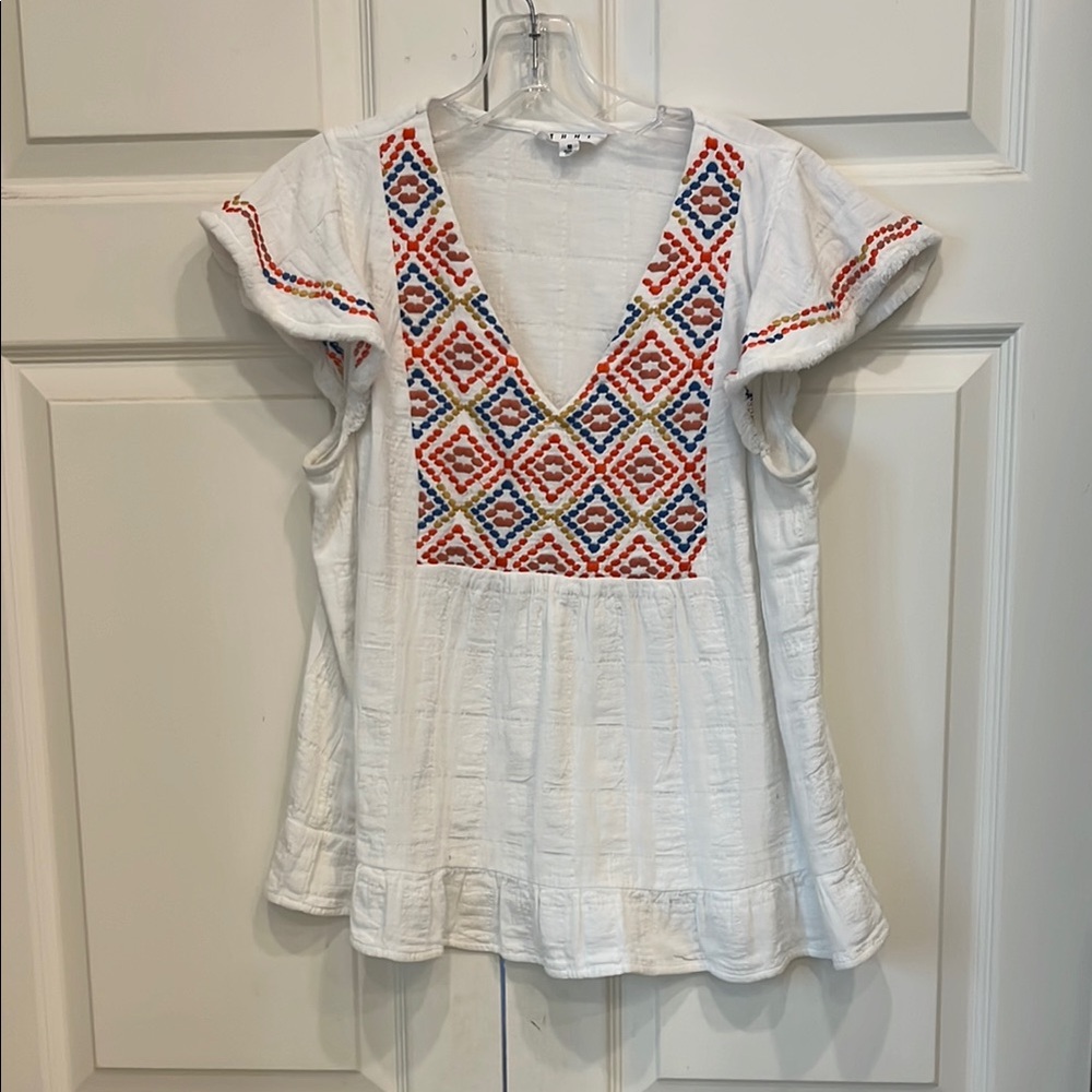 THML White and Red Flutter Sleeve Blouse with Ruffled Tie Front